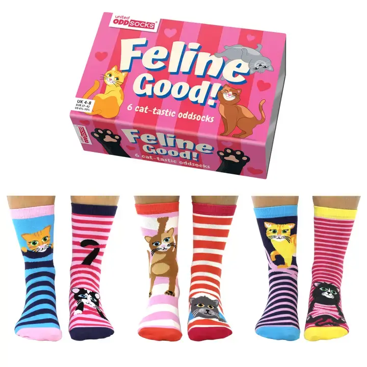 Feline Good Cat Odd socks UK size 4-8 Box of 6 2.webp