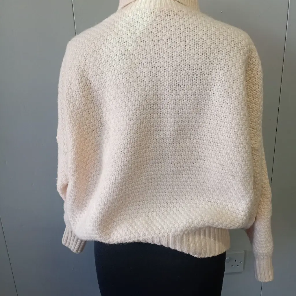 Cream cable knit pure new wool jumper with mock neck and long sleeves, cropped waist 2.webp