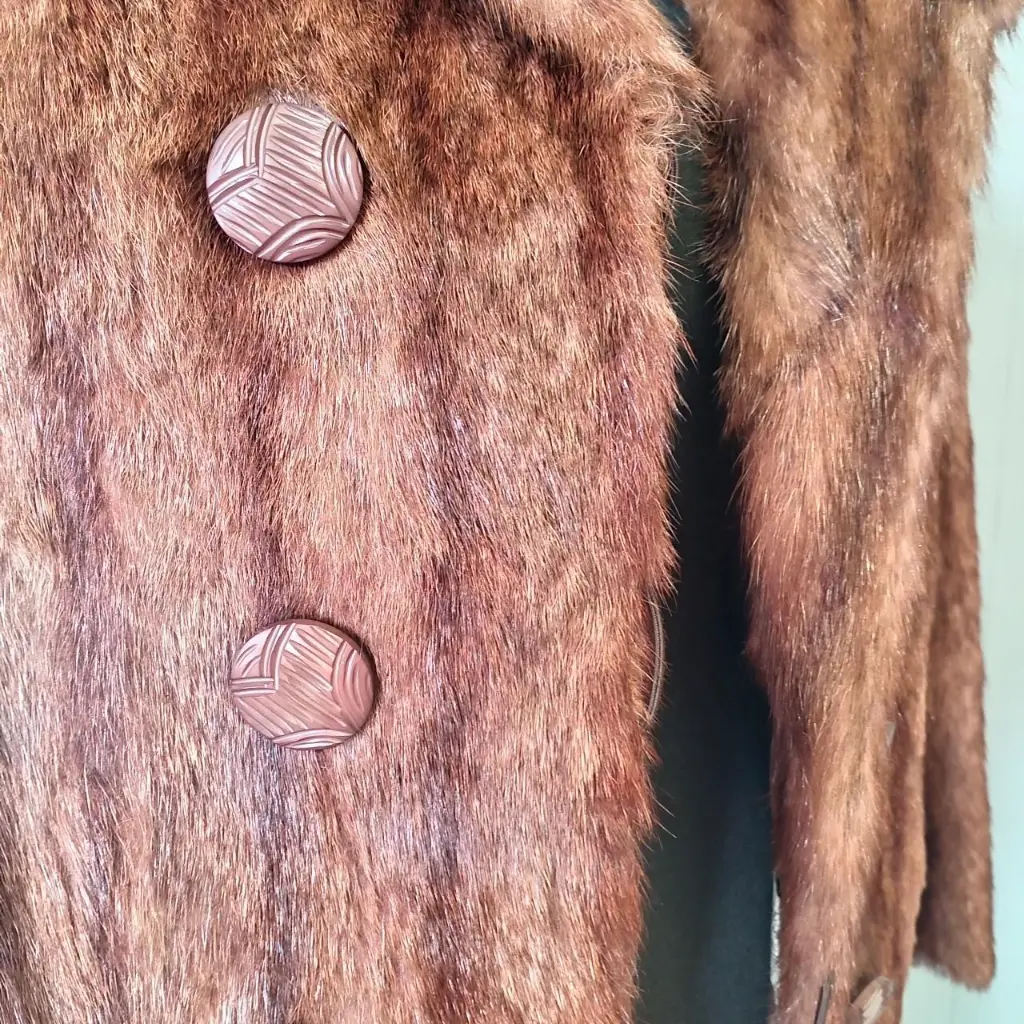 Vintage 1960s Brown real fur coat with button-up front and collar glam 5.webp