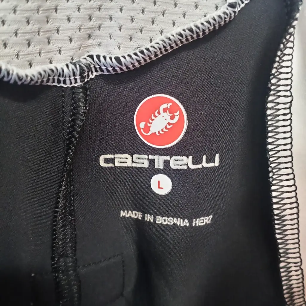 White and red Castelli cycling bib shorts 3.webp