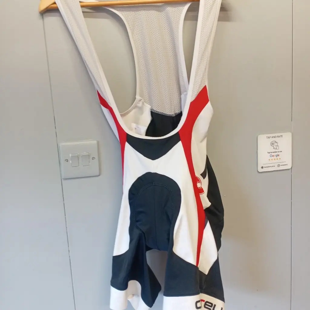 White and red Castelli cycling bib shorts 2.webp