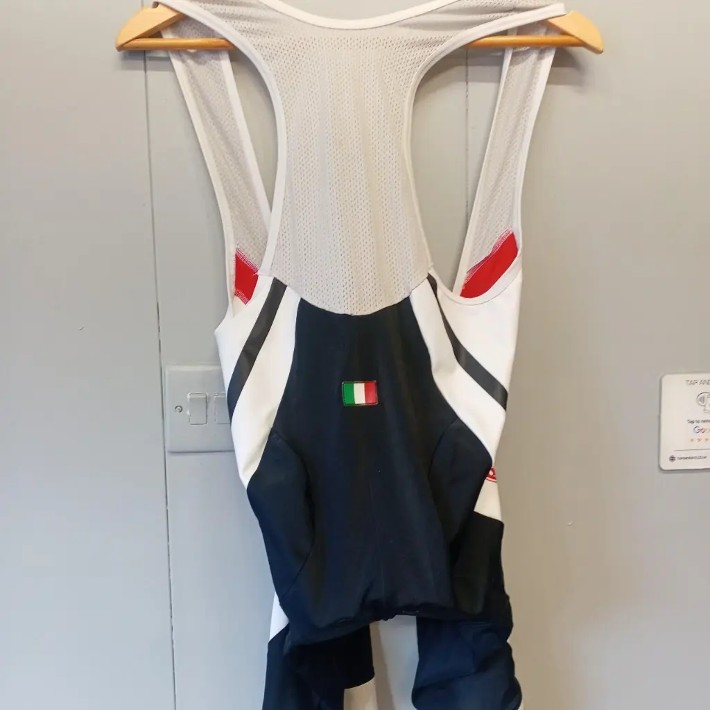 White and red Castelli cycling bib shorts 5.webp