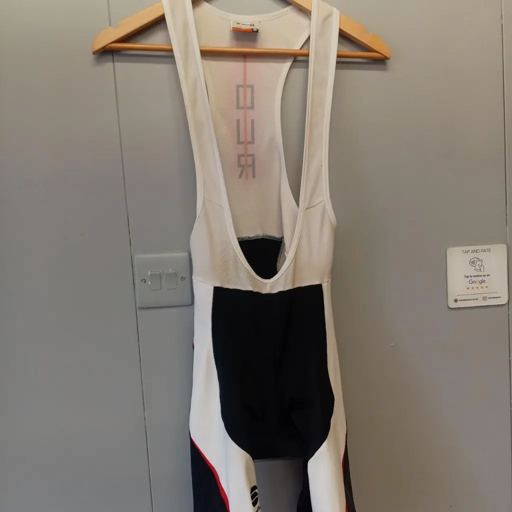 White, black and red Sportful bib shorts vintage 90s 3.webp