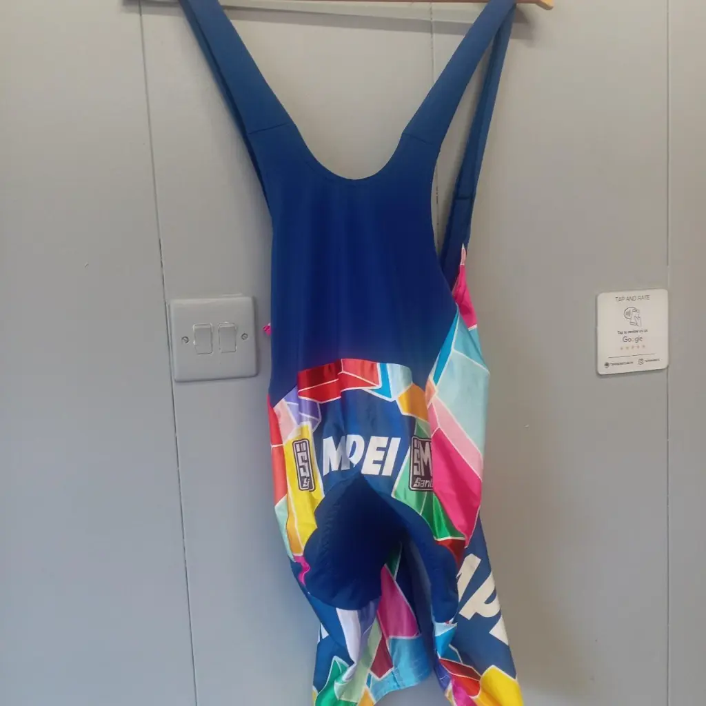 Blue and red Vintage 90s Mapei bib shorts 4.webp