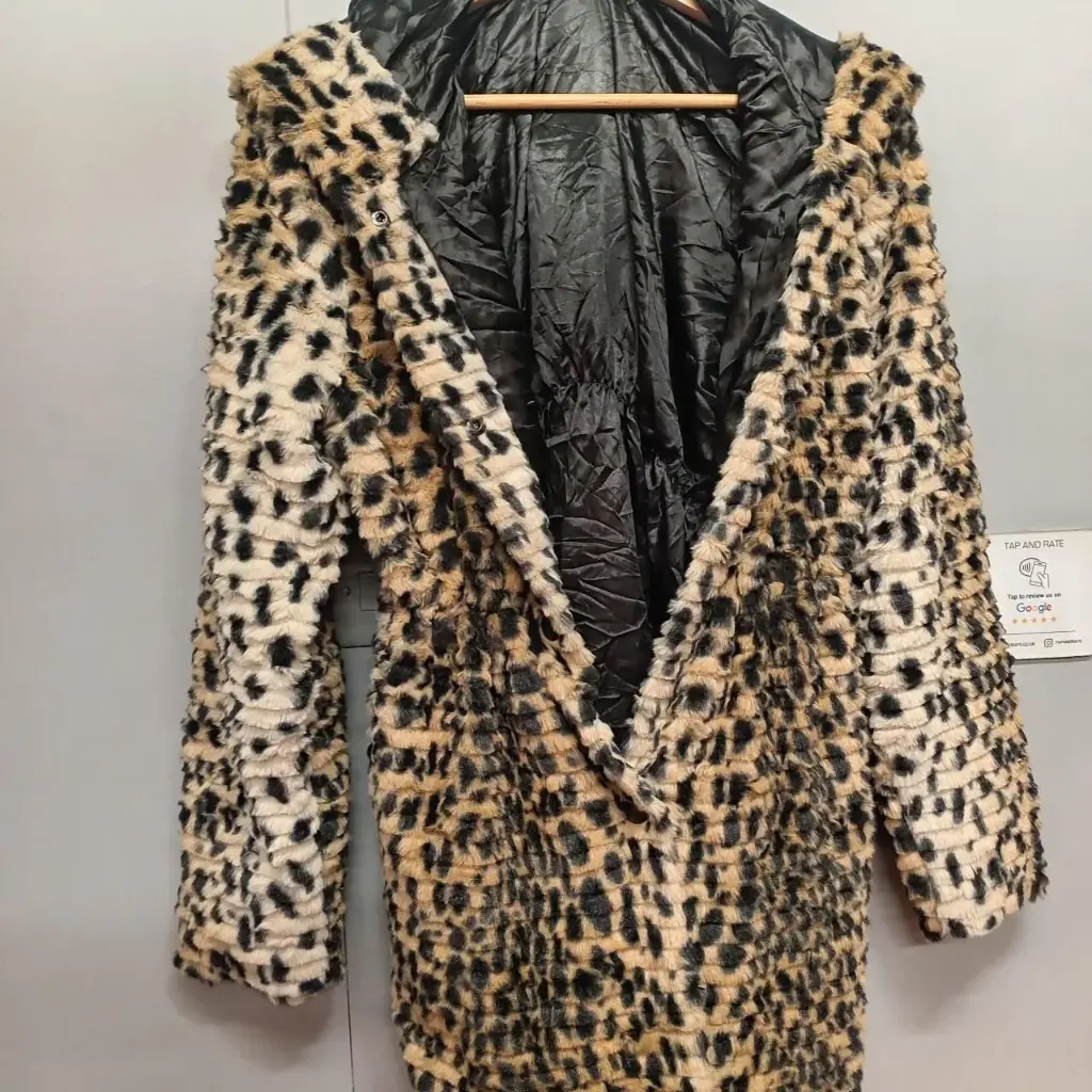 Cheetah print faux fur large corded hood jacket mobster mafia wife