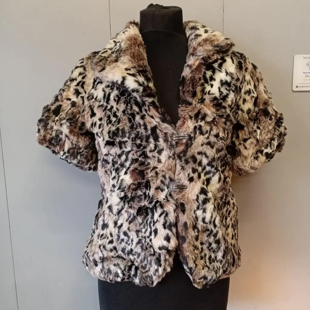 Brown and black cropped faux fur jacket with leopard print