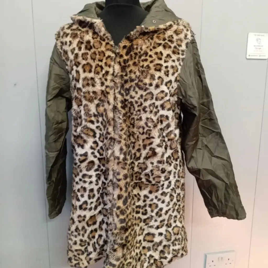 Reversible Leopard print faux fur and nylon coat with hood 