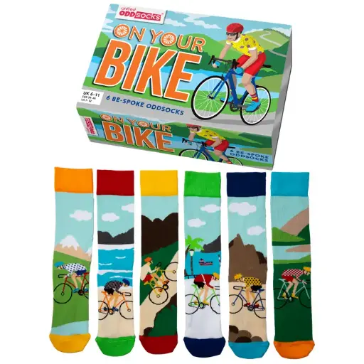 On Your Bike Cycling Mismatched Box of 6 Odd Socks UK size 6-11