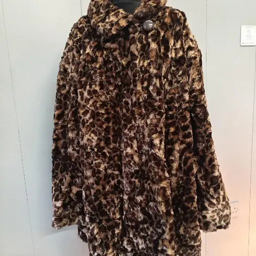 Brown and tan leopard print faux fur long coat