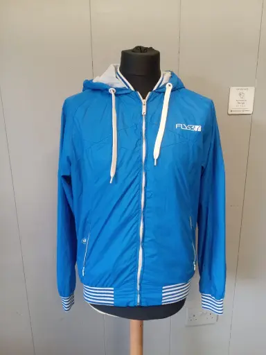 Blue and white Fly53 windbreaker jacket from the 1990s